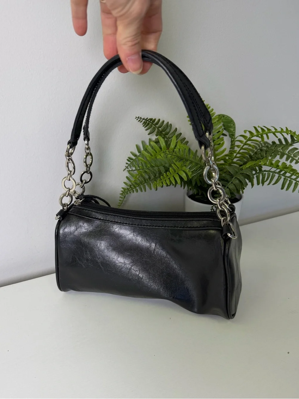 Black Faux Leather with Silver tone Chain-Accent Shoulder Bag